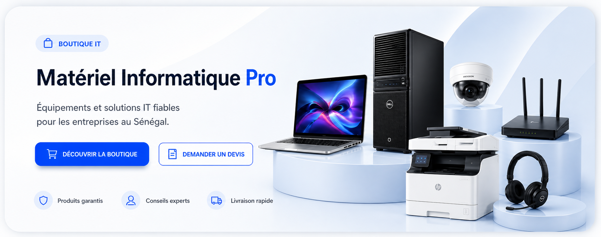 Bannière Boutique IT pour la vente de matériel informatique professionnel : ordinateur portable, unité centrale, imprimante, routeur, caméra et casque